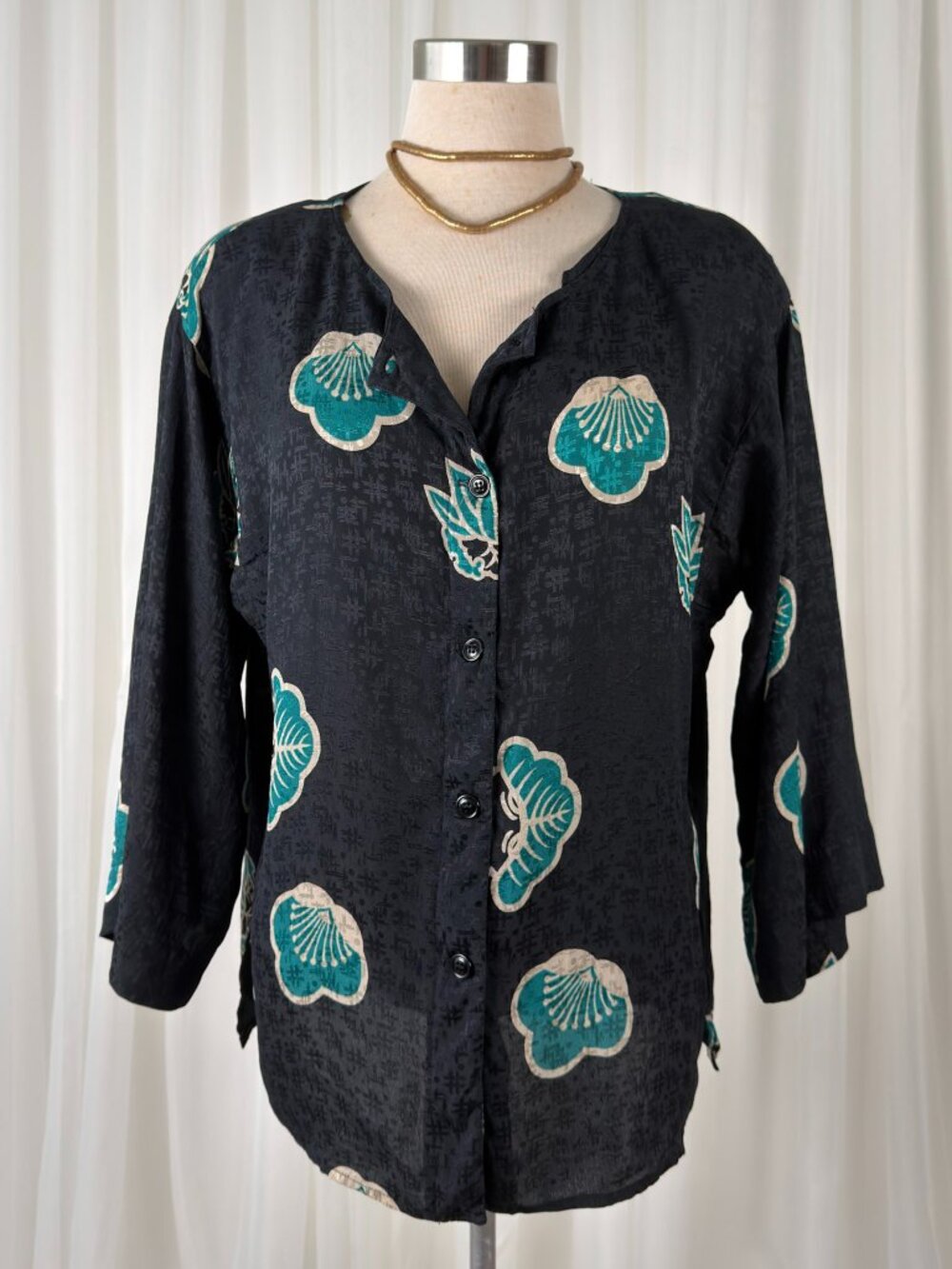 Anne Klein Vintage Jacquard Botanical‎ Button Front Blouse Womens M Black Silk - Picture 6 of 9